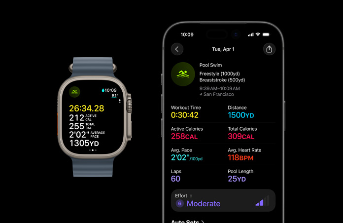 Apple Watch Ultra 3, Farbe Natur, Titangehäuse, Ocean Armband, Farbe Maritimblau, aktives Schwimmtraining, größere Aufschlüsselung der Trainingsdaten auf dem iPhone