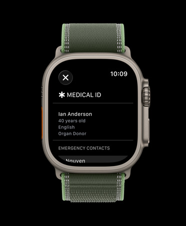 Apple Watch Ultra 3, Farbe Natur, Titangehäuse, Notfallpass Display, Trail Loop, Farbe Grün/Neon