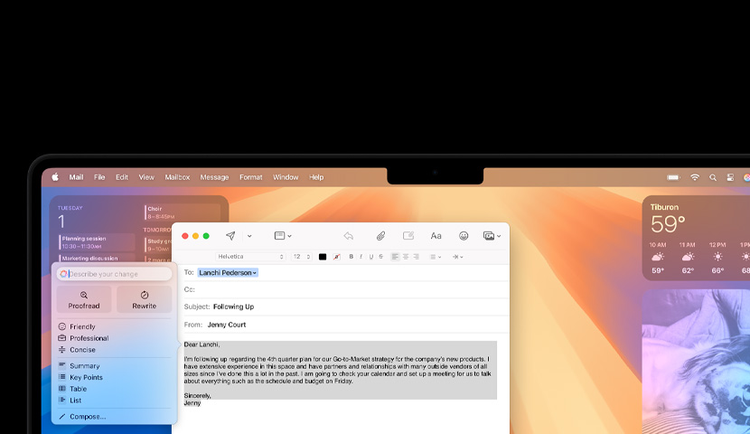 Macin työpöydällä näkyy liikesähköposti ja siinä Apple Intelligencen kehote. Sähköposti-ikkunan takana on Kalenteri-widgetti.