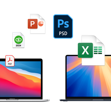 Front view of two side-by-side MacBook devices with different colourful desktop backgrounds. File icons are displayed in an arc above the MacBook devices. File icons include Acrobat file, Quickbooks file, PowerPoint file, Photoshop file, Excel file.