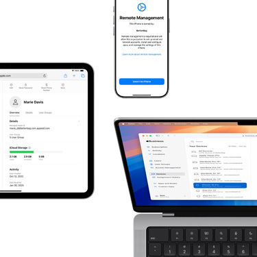 iPad, iPhone and MacBook all featuring various components of Apple Business Manager.