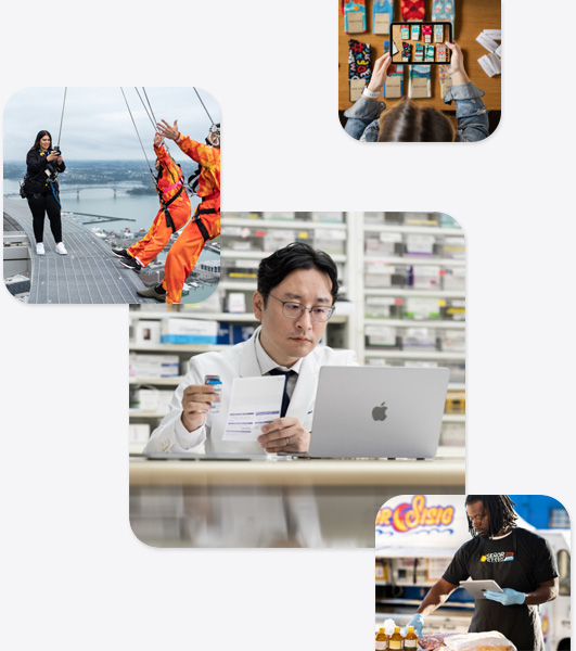 ธุรกิจขนาดเล็กหลากหลายรูปแบบ รวมถึงเภสัชกรในชุดกาวน์ที่กำลังใช้งาน MacBook, ครูฝึกบันจี้จัมพ์ที่กำลังถ่ายภาพผู้ที่กำลังจะกระโดดบันจี้จัมพ์สองคนด้วย iPhone, ชายคนหนึ่งถือ iPad ขณะตรวจดูสินค้าอาหาร และหญิงสาวที่กำลังถ่ายภาพถุงเท้าบนโต๊ะด้วย iPad
