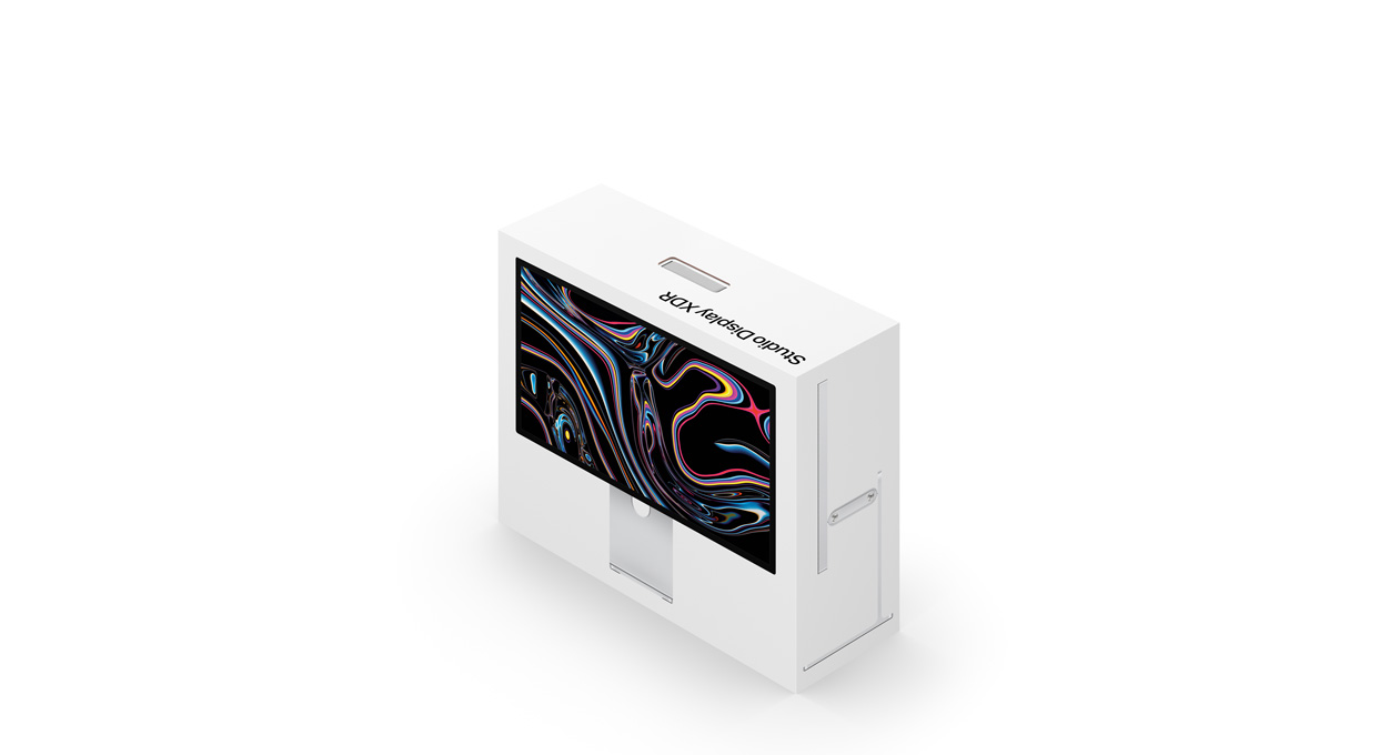 Studio Display XDR packaging box, white, product image printed on exterior