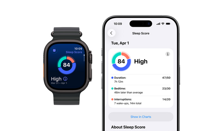 Apple Watch Series 11, aluminium case, rose gold colour, sleep score circle graph and rating, right side exterior: Digital Crown, light blush Sport Band, full sleep analysis open on paired iPhone