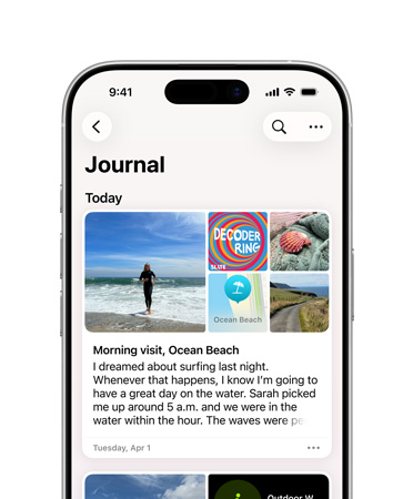 Widok z przodu: iPhone 16, na ekranie: Dziennik
