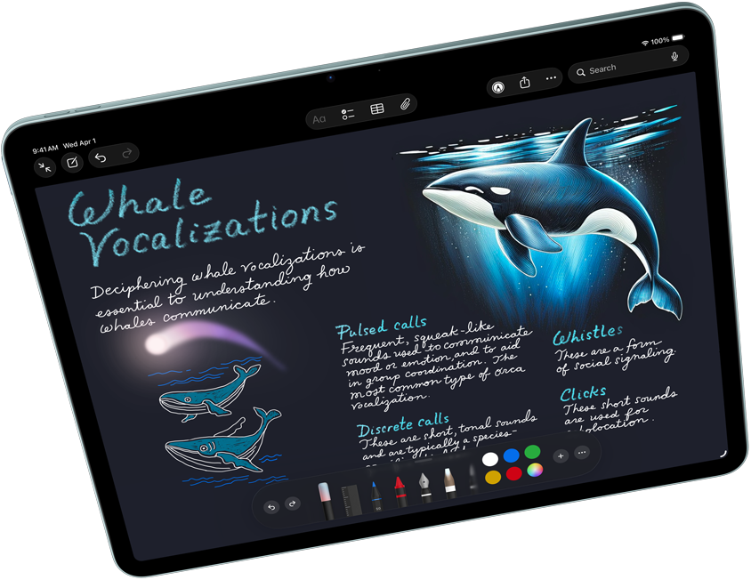Landscape view of iPad Air showcasing Apple Intelligence with Image Playground, Keynote and Apple Pencil Pro