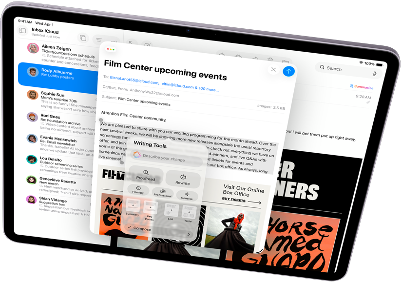 Landscape view of iPad Air showcasing Apple Intelligence with Writing Tools and Mail