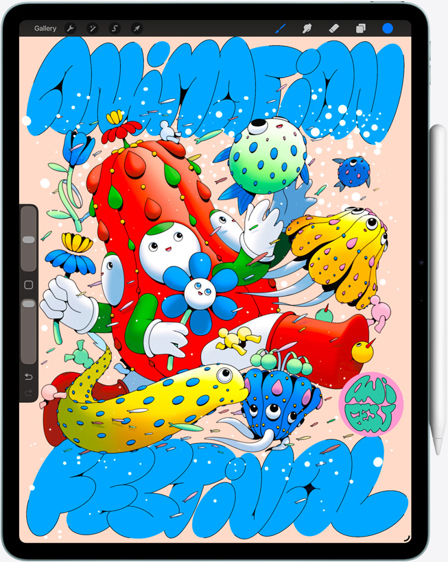 iPad Air, front exterior, displaying Procreate app, colourful digital artwork featuring various characters and objects, Apple Pencil Pro