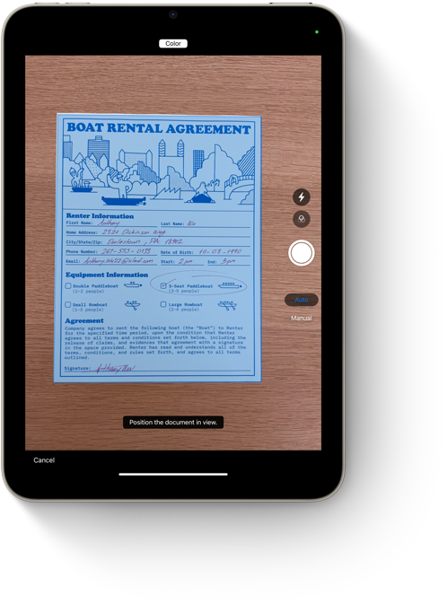 iPad mini a mostrar a funcionalidade de digitalização de documentos na app Notas.