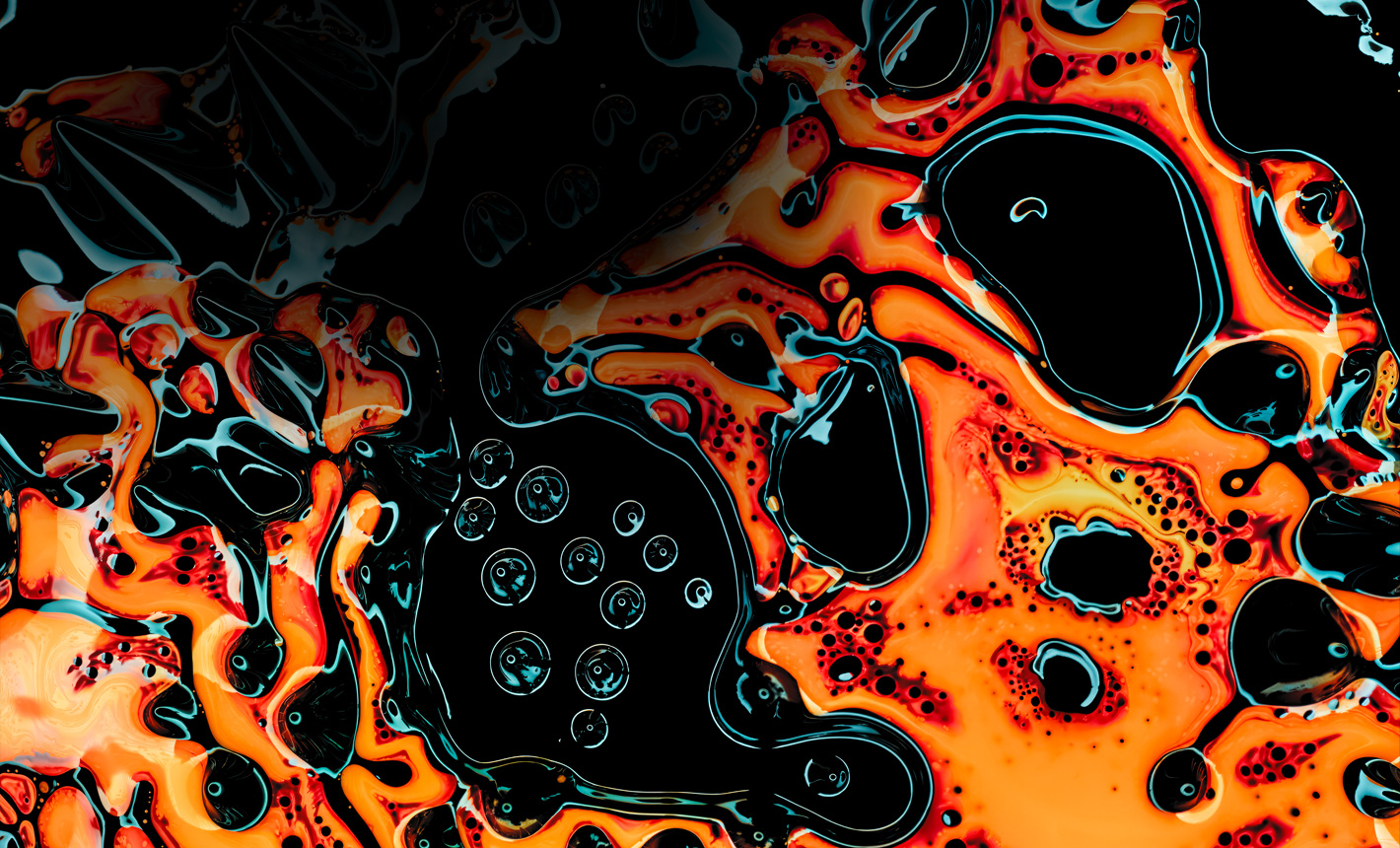 Image détaillée, éclatante de formes et de bulles abstraites noires et orange, illustrant la technologie Ultra Retina XDR avancée
