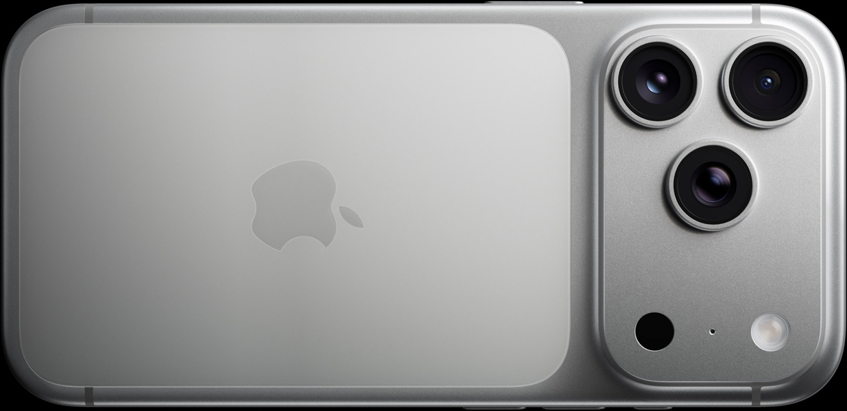 iPhone 17 Pro, sudraba krāsā, aizmugures skats, pro kameru sistēma, 3 objektīvi, mikrofons, zibspuldze