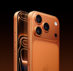 iPhone 17 Pro, kosmiski oranža krāsa, slīps aizmugures skats, Pro Fusion kameru sistēma pacēlumā augšpusē, Camera Control virsma, sānskats no priekšpuses ar pilnekrāna dizainu, Action un skaļuma pogas