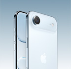 iPhone Air, debeszila krāsa, slīps aizmugures skats, Fusion galvenās kameras sistēma pacēlumā augšpusē, Camera Control virsma, sānskats no priekšpuses ar pilnekrāna dizainu, Action un skaļuma pogas