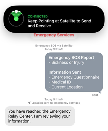 Fonctionnalité SOS d’urgence par satellite en cours d’utilisation