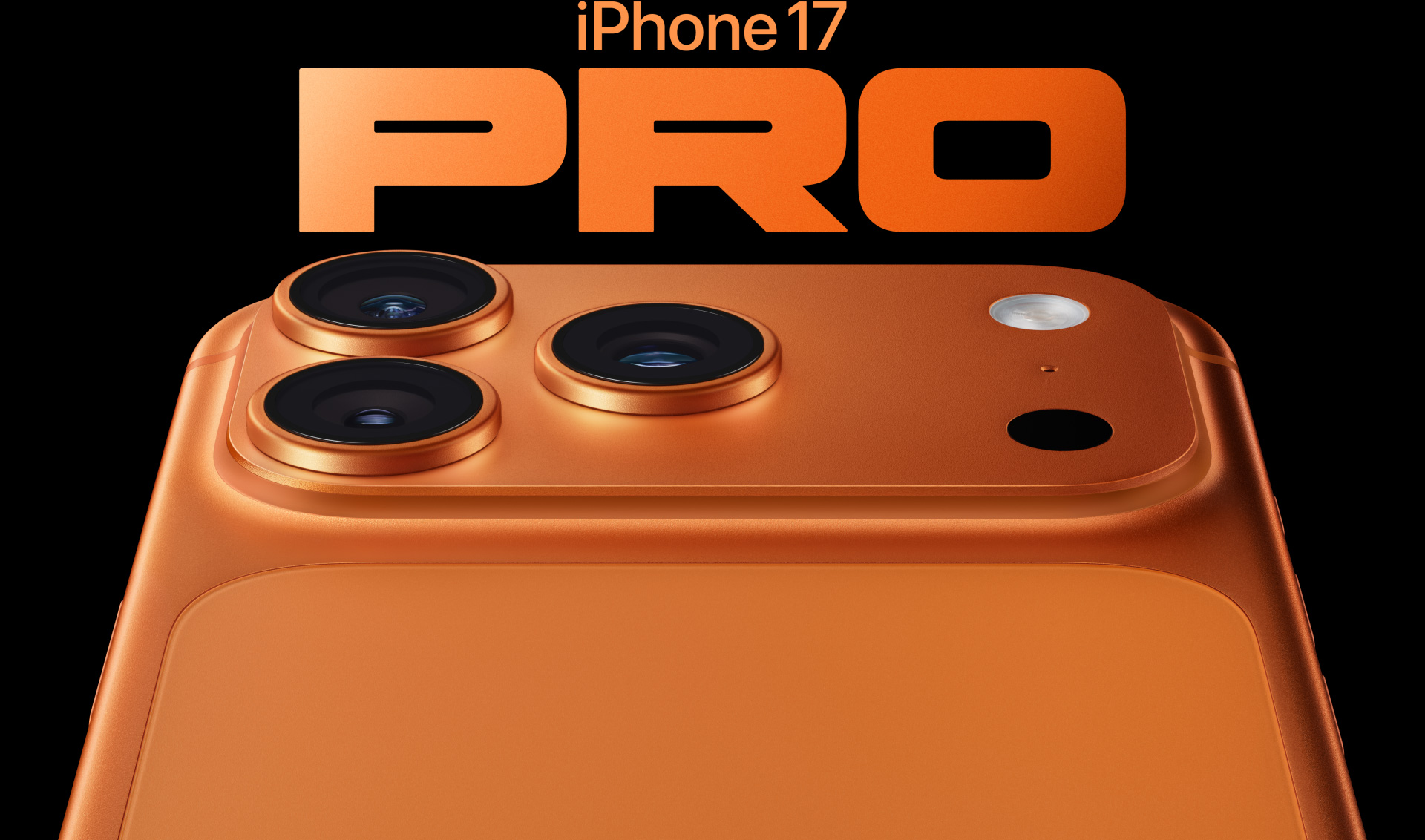 iPhone 17 Pro, acabado naranja cósmico, vista parcial de la parte posterior, sistema de cámaras Pro en la esquina superior izquierda, 3 lentes, micrófono, flash