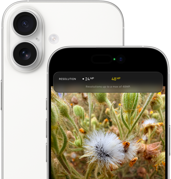 Vista traseira do iPhone 17 branco, com cantos arredondados, sistema de câmara Dual Fusion no canto superior esquerdo, e vista frontal com Dynamic Island e cantos arredondados