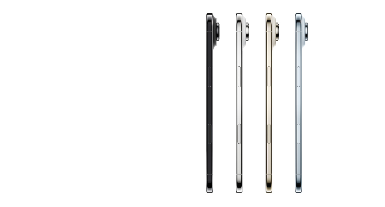iPhone Air, côté, finitions : bleu ciel, or clair, blanc nuage et noir sidéral, profil très fin, système caméra Fusion, boutons : latéral, Commande de l’appareil photo