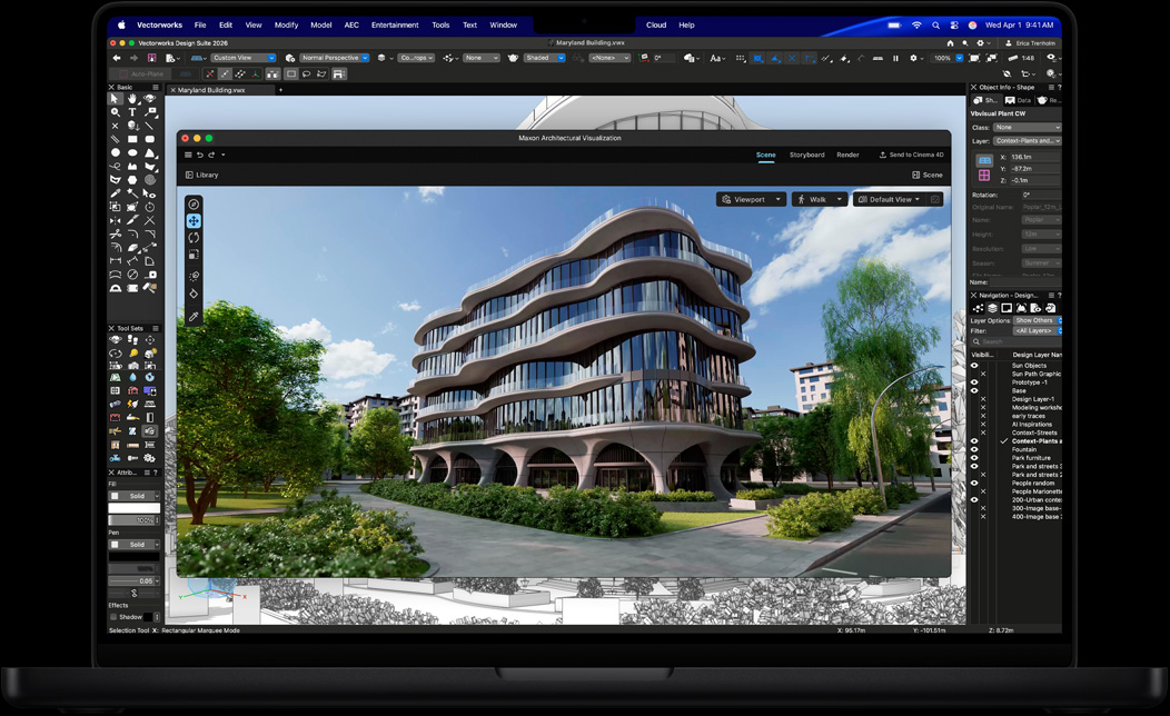 MacBook Pro-skærm, der viser Vectorworks Design Suite med Maxon Redshift