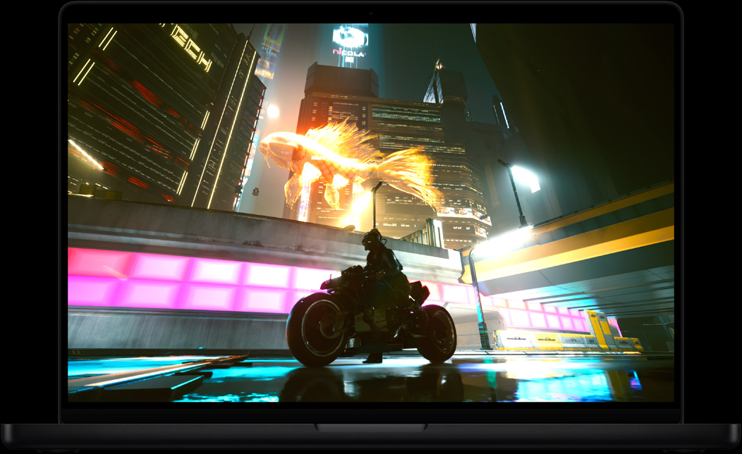 MacBook Pro-skærm med videospillet Cyberpunk 2077: Ultimate