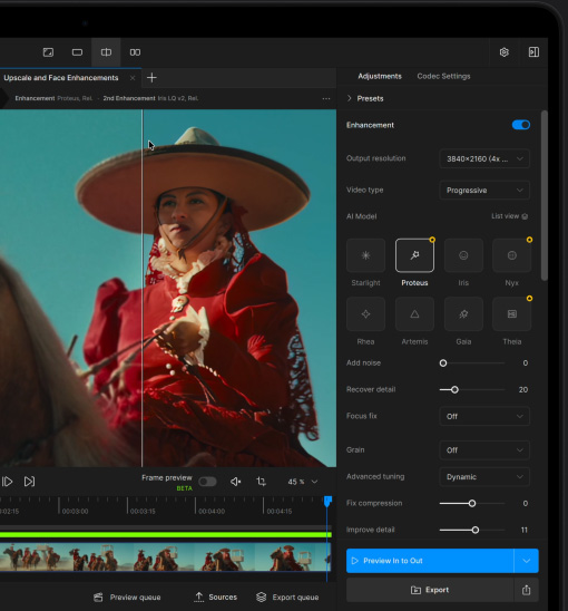 En MacBook Pro-skærm med en video, der forbedres ved hjælp af AI i Topaz Video