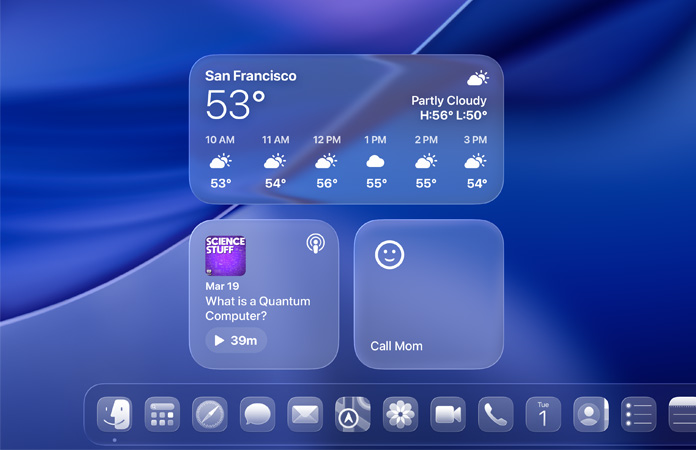 Liquid Glass-versioner af Vejr-, Podcasts- og Påmindelser-widgets på macOS Tahoe-skærm