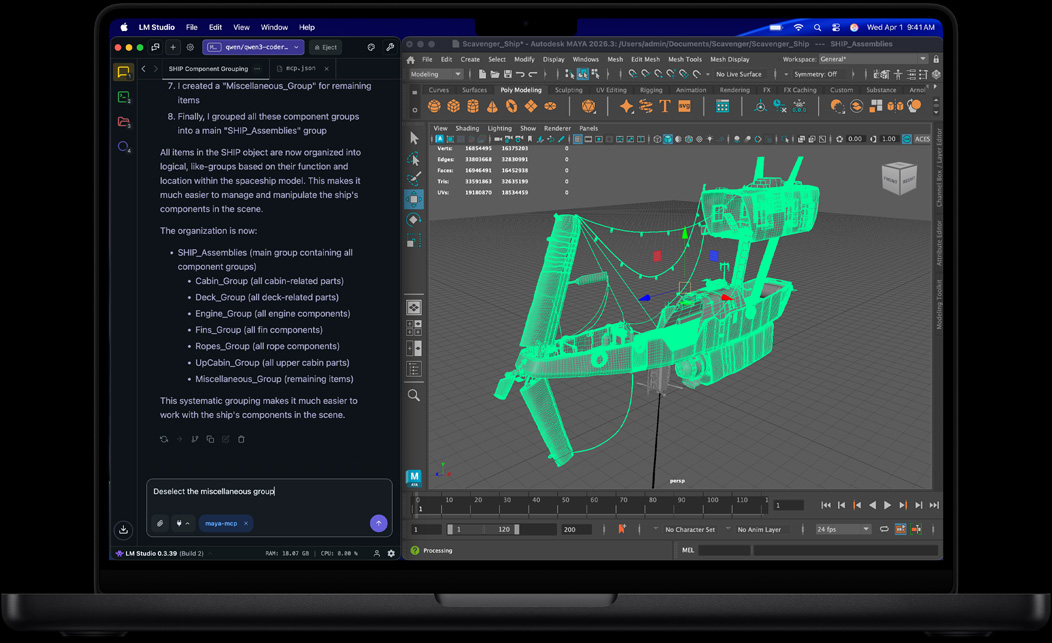 MacBook Pro-skærm, der viser LM Studio og Autodesk Maya