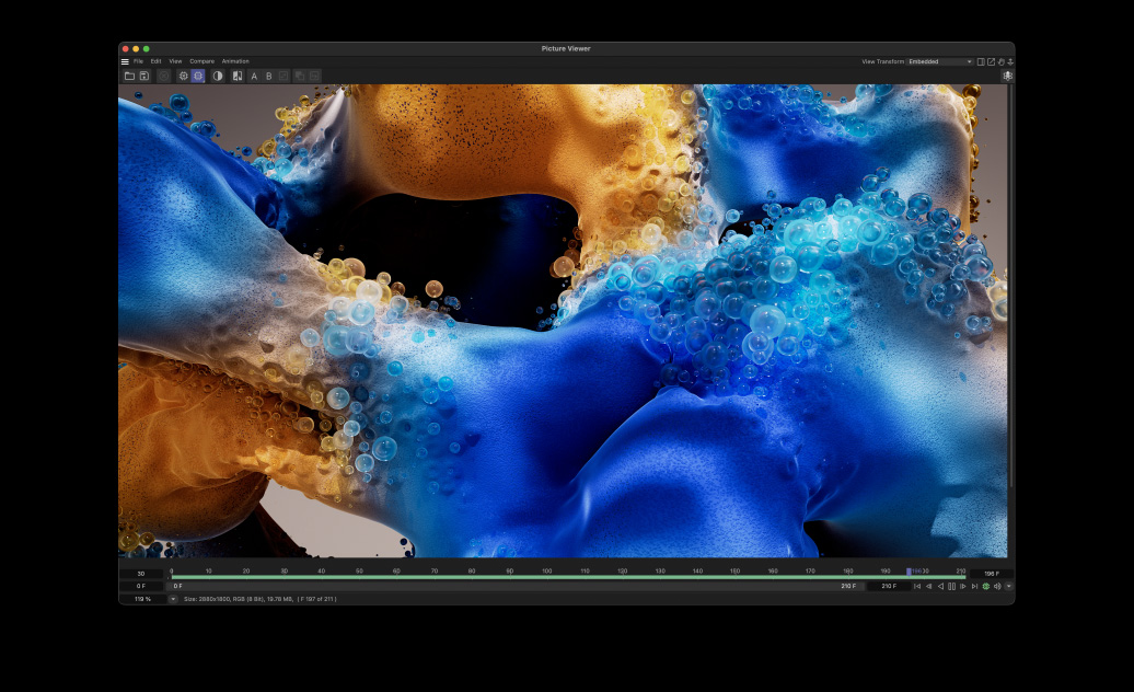 MacBook Pro-skærm viser en animation med bobler skabt ved hjælp af Cinema 4D