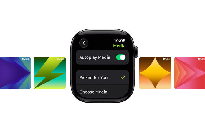 Apple Watch in Gitzwart in het midden, geen bandje, met de opties Voor Jou Geselecteerd en Media kiezen op de wijzerplaat, met aangepaste Apple Music-achtergronden op de achtergrond