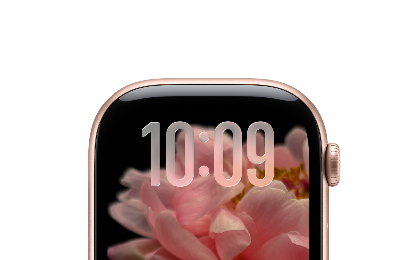 Apple Watch สีโรสโกลด์, ไร้สาย, ส่วนบนของหน้าปัดเท่านั้น, ตัวเลขบอกเวลาแบบ Liquid Glass ที่โปร่งแสงอยู่ด้านบน