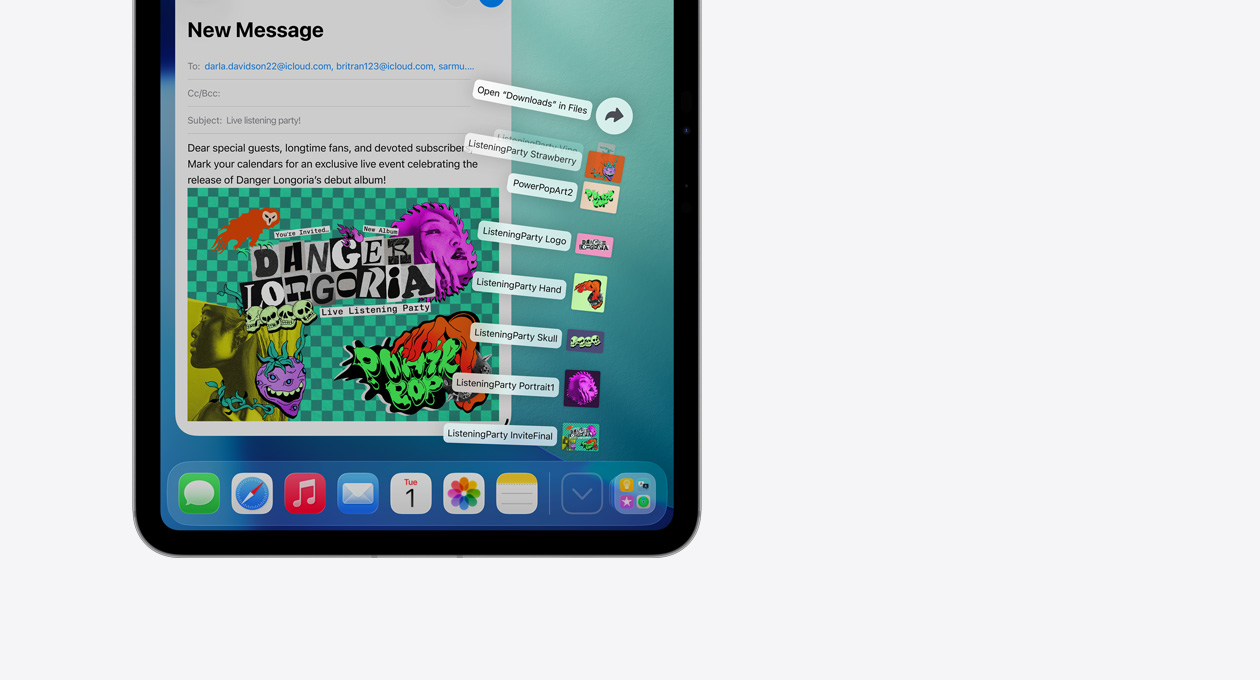 Grande plano de um dispositivo Apple a mostrar a Dock na parte inferior do ecrã, com uma série de ficheiros a expandirem verticalmente