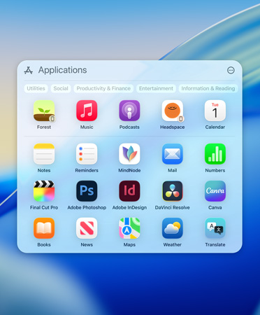 Spotlight browsing menu showing apps with category filters: Utilities, Social, Productivity and Finance, Entertainment, and Information and Reading