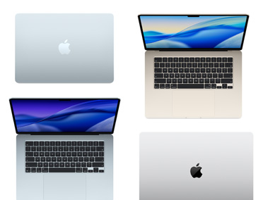 Vier Mac Computer in verschiedenen Modellen, Größen und Farben, die die Möglichkeiten der Anpassung zeigen